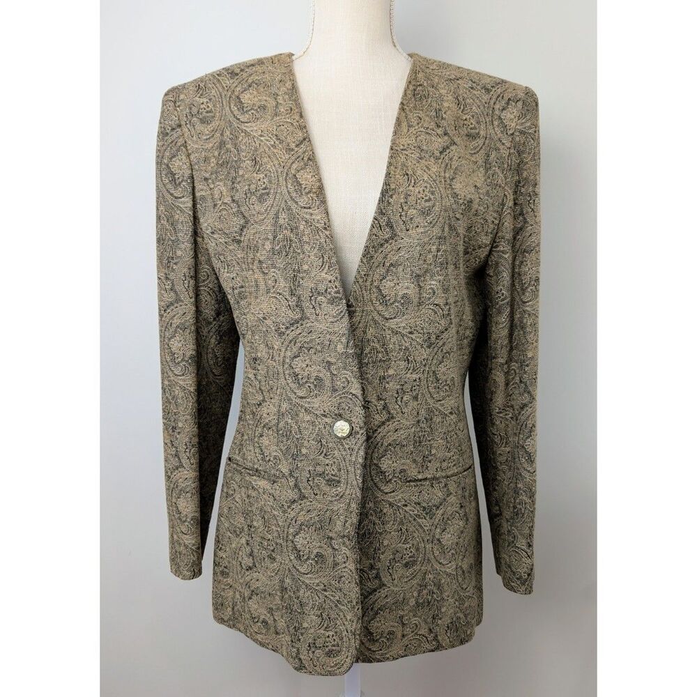 Vintage Liz Claiborne Womens Tapestry Blazer 6 Brown Paisley Button Shoulder Pad